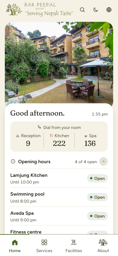 Bar Peepal guest directory home screen on a phone