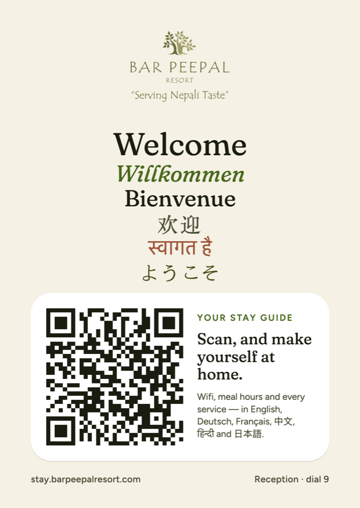 Standee print design with welcome in six languages