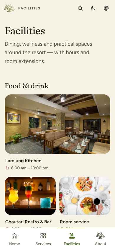 Facilities list grouped into food and drink, wellness and guest services