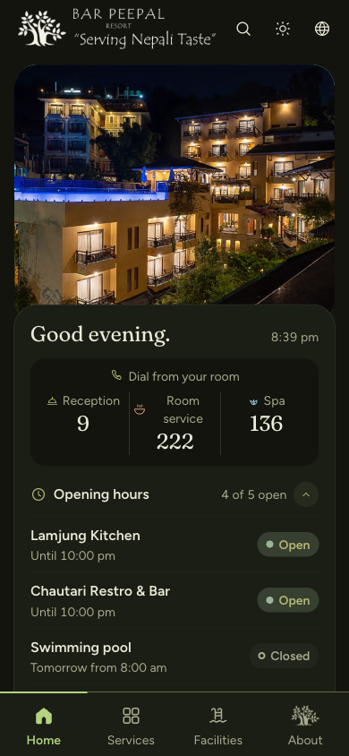 Home screen in the evening in dark theme, with the pool closed
