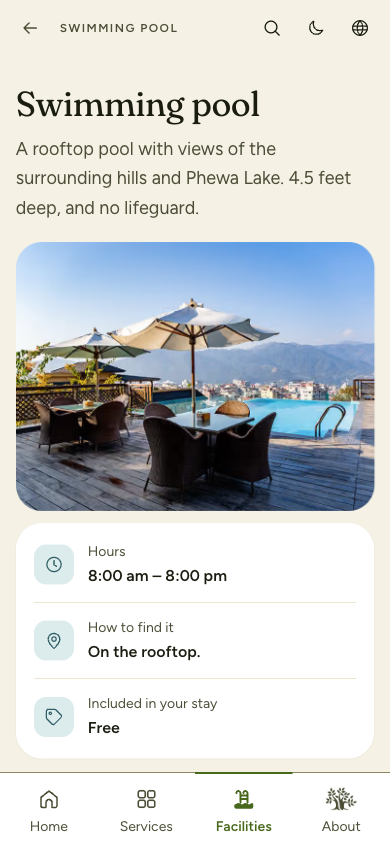 Swimming pool page with hours, how to find it and whether it is included