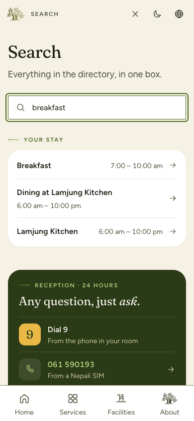 Search results for breakfast showing hours beside each result