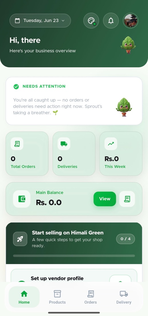 Himali Green seller app dashboard on a phone