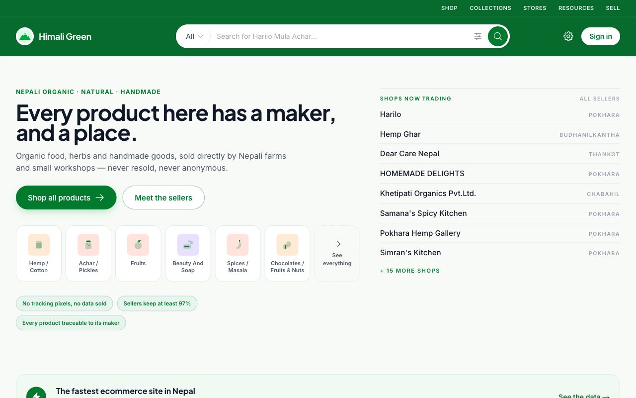 Himali Green storefront home page with categories and shops now trading