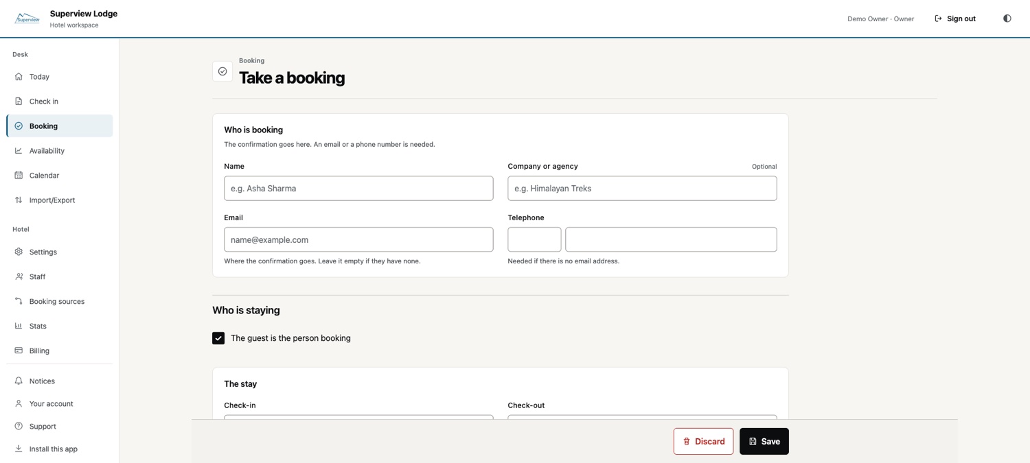 Samyojak hotel workspace on a desktop, taking a booking