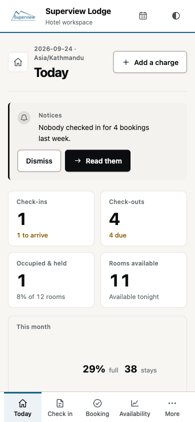 Samyojak Today screen on a phone, with check-ins and rooms available